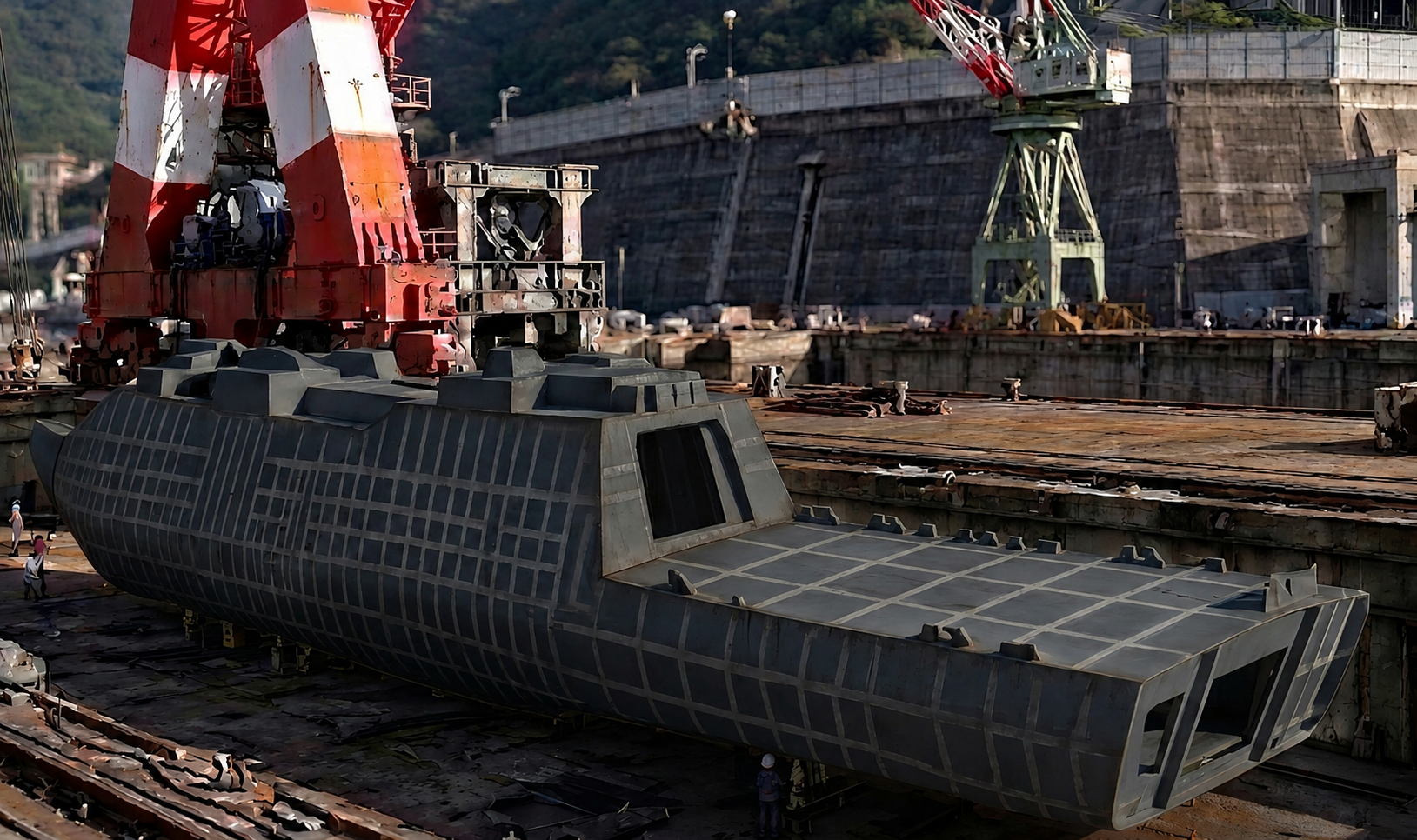 ドライドックで建造中の護衛艦