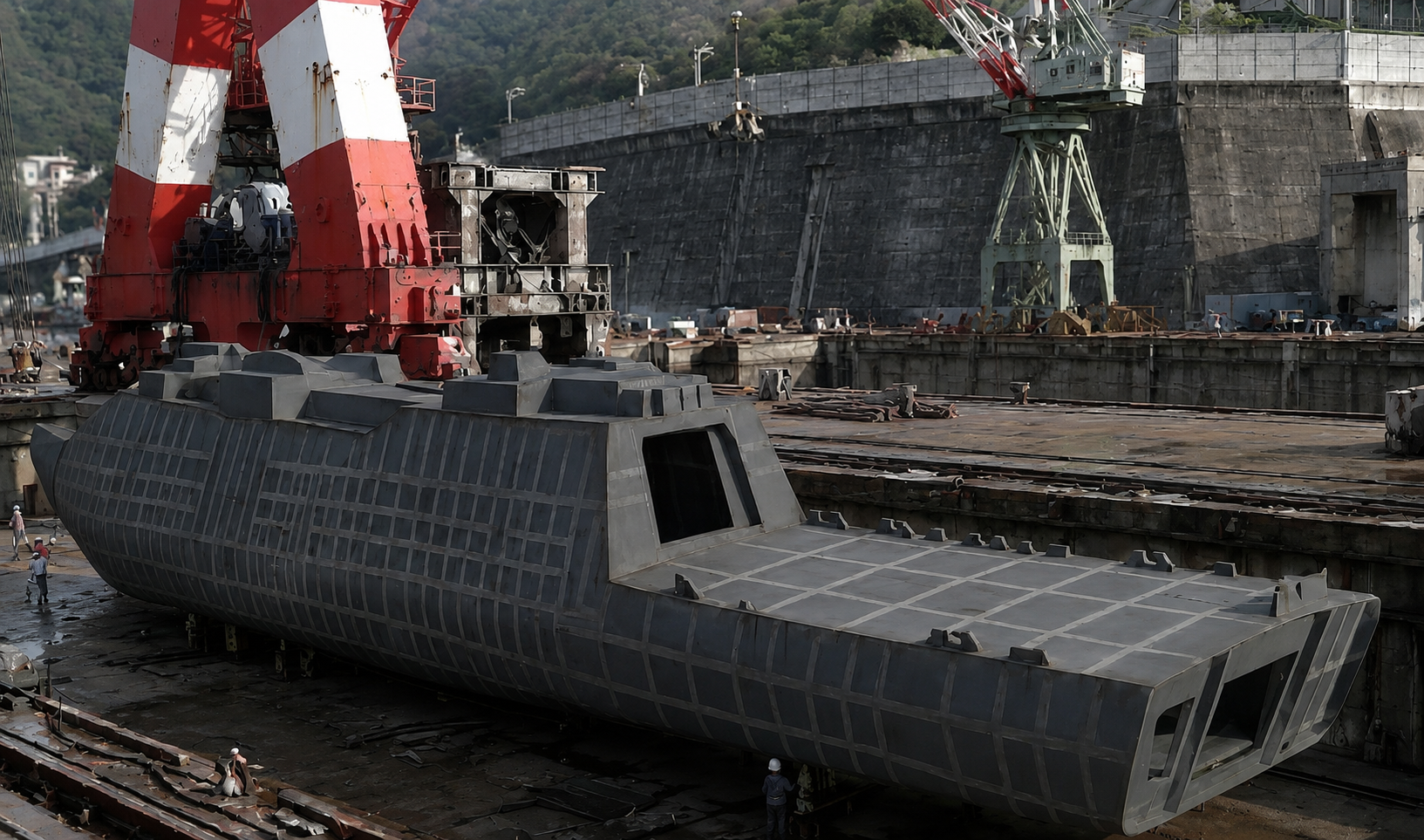ドライドックで建造中の護衛艦