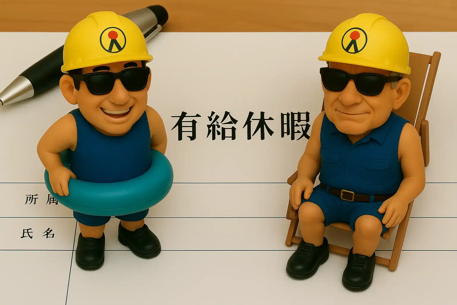 有給休暇と職場で協力する作業員のイメージ