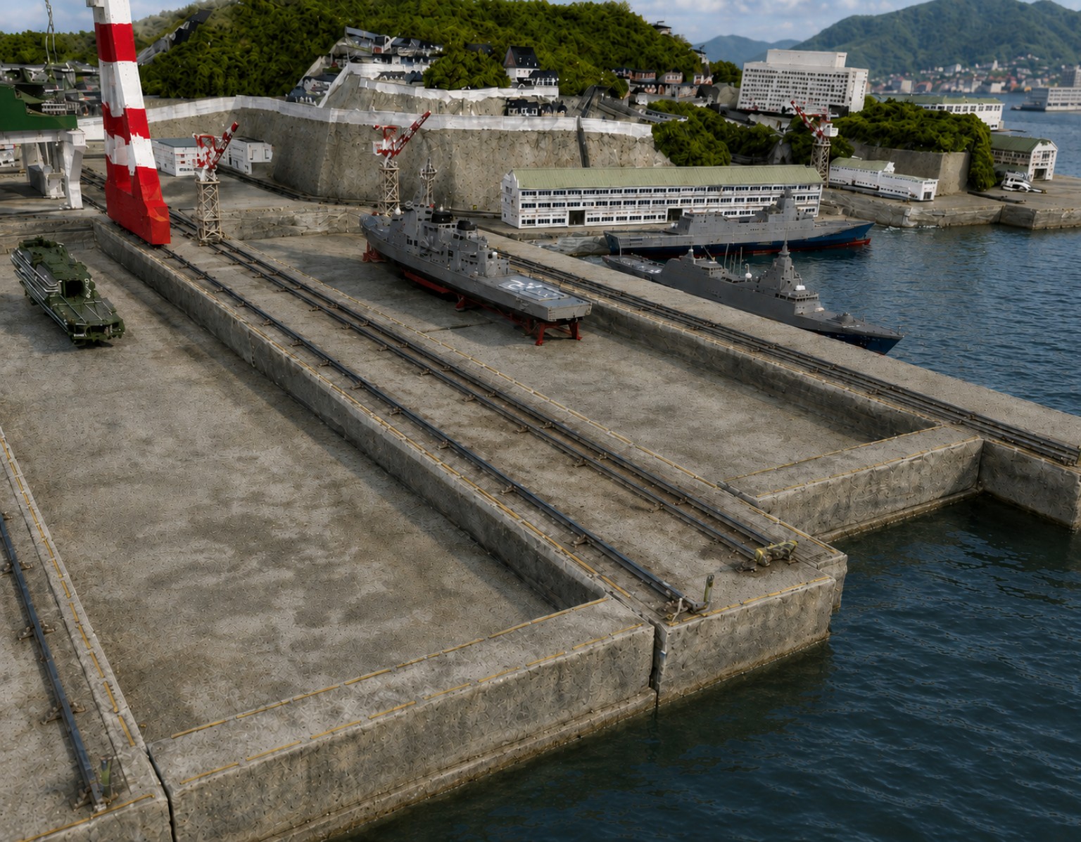 ドライドックで建造中の護衛艦