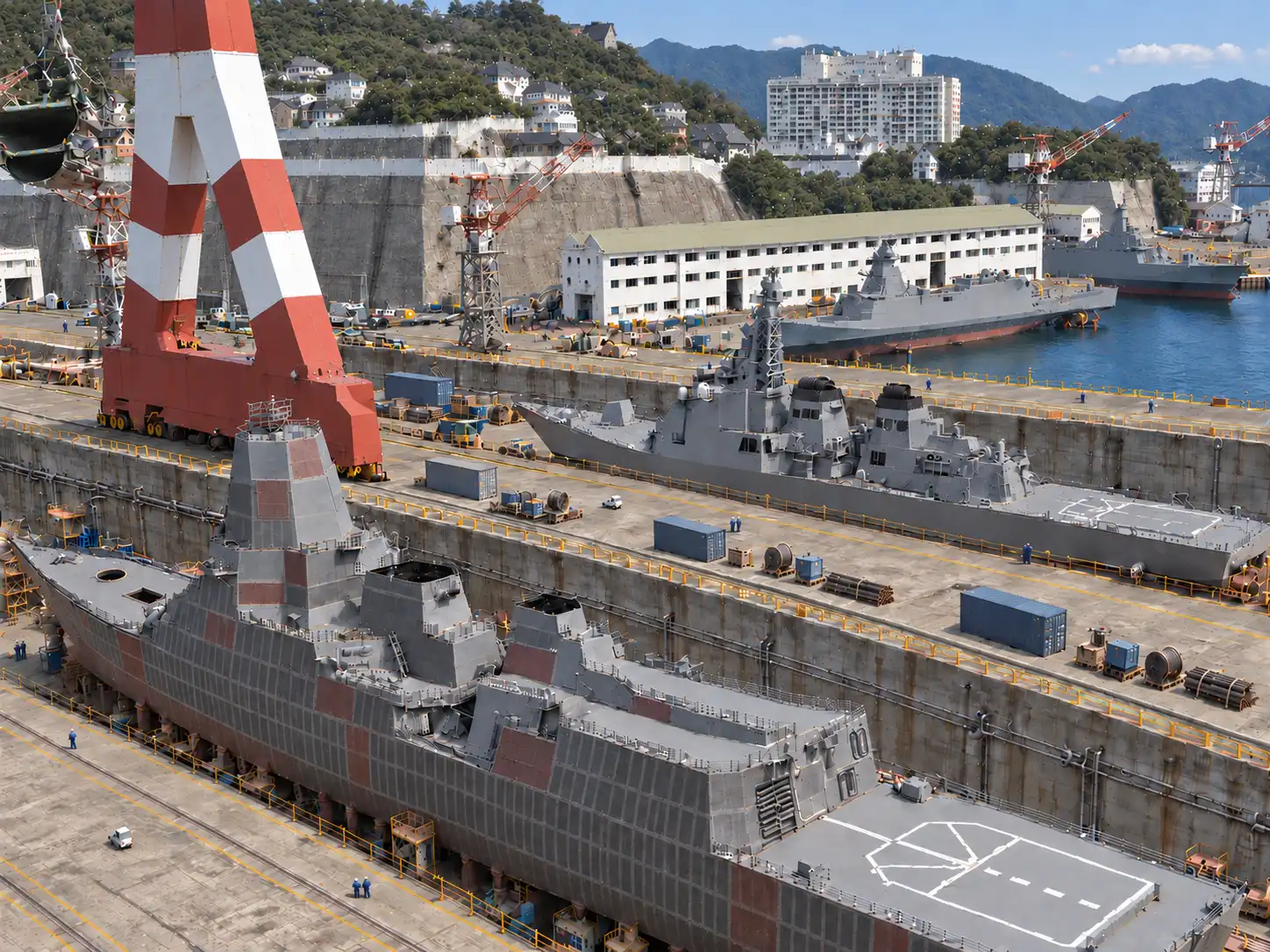ドライドックで建造中の護衛艦