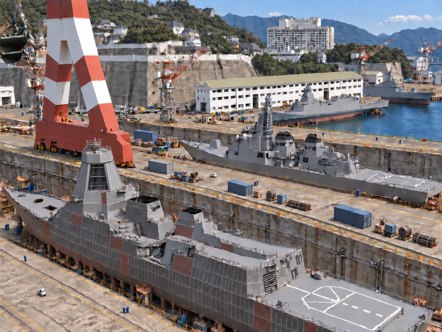 ドライドックで建造中の護衛艦